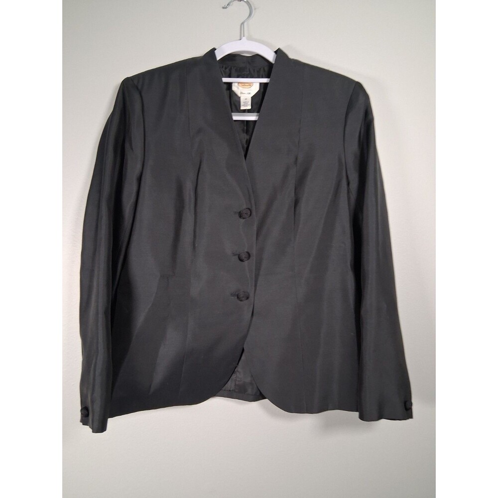 Vintage Talbots Silk Blazer Womens 12 Lined Braided Buttons Black Collarless